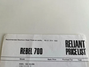 Reliant Rebel 700 Limousine Kombi Preisliste Flyer 1968 - Bild 1 von 1