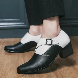 Mens Pointy Toe Lace Up Oxfords Shoes Mid Block Chunky Heel Cuban Shoes Party - Picture 1 of 17
