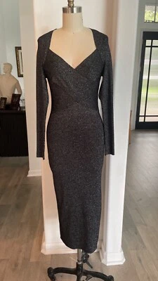 TED BAKER Black Silver Metallic Tabytha Stretch Knit Cross Over Slit Dress 2TB 6 - Image 1 of 4