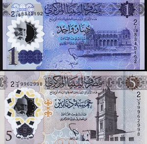 Libya 2 Pcs SET, 1 Dinar 2019 and 5 Dinar 2021, NEW DESIGN, UNC, POLYMER, P-New - Picture 1 of 5