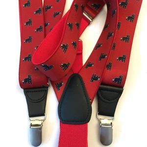 VINTAGE GILLMONS SUSPENDERS MENS DOG PRINT RED ELASTIC BLACK LEATHER CLIP Y BACK - Picture 1 of 19