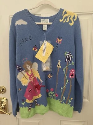 Rare NWT Quacker Factory Gardening Angel Embellished Festival Sweater ~ Size L - Image 1 of 4