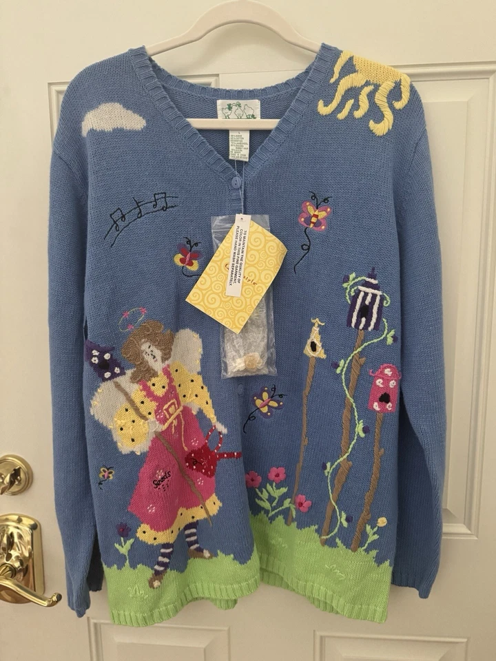 Rare NWT Quacker Factory Gardening Angel Embellished Festival Sweater ~ Size L - Image 1 of 4