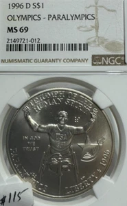 1996 D SILVER PARALYMPICS COMMEMORATIVE $1 COIN NGC MS 69 - Picture 1 of 4