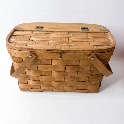 Basketville Putney Vermont Vintage Picnic Basket Hinged 1/2 Lid Oak 8.5x12x8.5 Cover