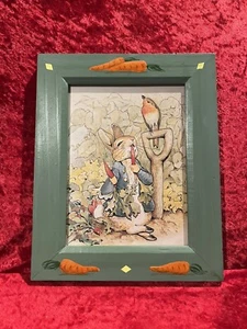 Vintage Peter Rabbit Framed Picture With Hand Painted Frame 8.5” X 10.5” - Picture 1 of 2