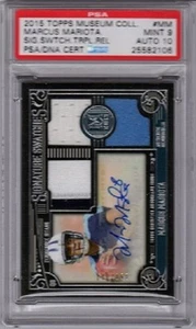 2015 Museo Marcus Mariota Signature Swatch triple reliquia/150 grado PSA 9 como nuevo - Imagen 1 de 2
