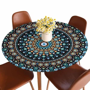 Dot Mandala Round Tablecloth - Elastic Edged Black Blue Abstract Point Ethnic... - Picture 1 of 6