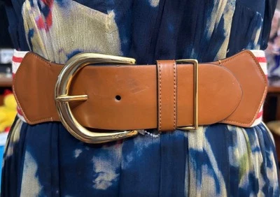 全新 LAUREN Ralph Lauren 棕色皮革钩针编织弹力宽腰带金色扣 — 第 1/4 张图片