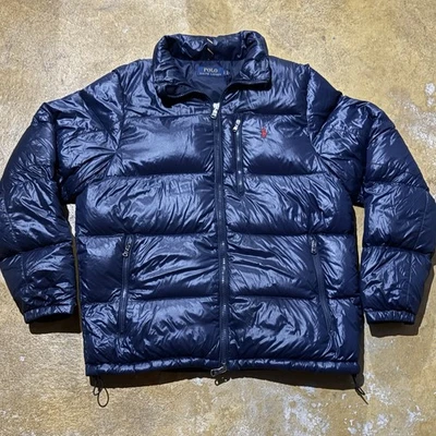 Polo Ralph Lauren Puffer 夹克男式 L 蓝色鸭绒全拉链红色小马阅读* — 第 1/4 张图片