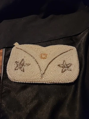 Bolso de Noche De Colección Años 50 Pequeño Marfil y Floral Corde Cuentas Cartera Cierre con Cremallera Foto 1 de 4