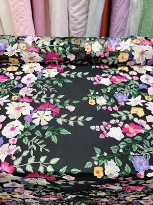 Multicolor Embroidery Pink Yellow 3d Floral Lace Fabric 50” W 1 Yard Black MESH - Image 1 of 4