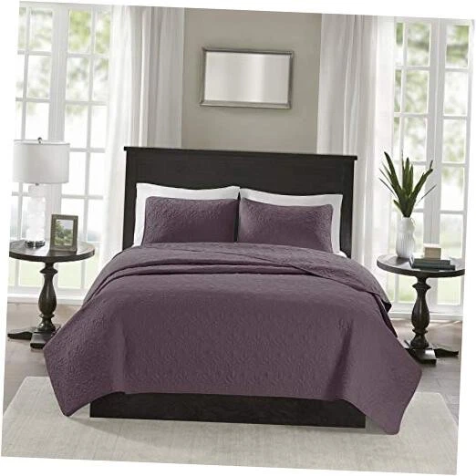 Quebec Quilt Set - Luxurious Damask Stitching Design, Cotton Full/Queen Purple - Image 1 of 4
