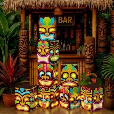 Caja Tótem Tiki 8 Piezas Decoración con Luz, Luau Decoraciones de Fiesta para Nacimiento Hawaiano Foto 1 de 4
