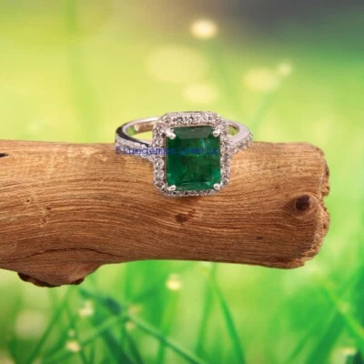 Smeraldo Naturale E Zirconia Cubica Gemme Con 925 Argento Anello per Donna #F45G - Immagine 1 di 4