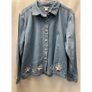 Christopher & Banks long sleeve blue jean XL button down shirt snowmen stars vtg - Picture 1 of 6