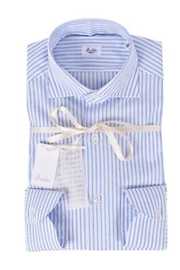 NUEVA Camisa Fralbo Napoli Algodón Hecha a Mano 45 US 18 Ajuste Normal Azul Rayas - Imagen 1 de 6