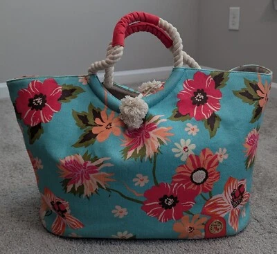 Bolso de Mano Spartina 449 Floral Lona Playa Aqua Rojo Rosa Asa de Cuerda Bolso de Verano Foto 1 de 4