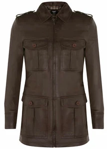 Men’s Brown Leather Parka Coat Safari Casual Multi-Pocket Trench Reefer Jacket - Picture 1 of 4