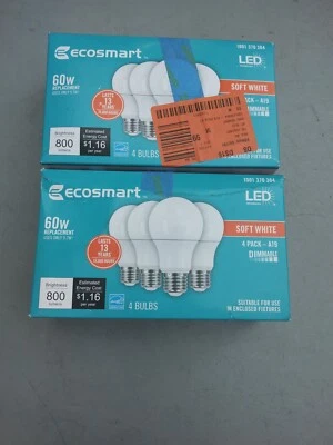 2 packs of 4 Ecosmart 60w Watt A19 Med Base Dimmable LED Light Bulb Soft White - Image 1 of 4