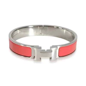 AUTH HERMES CORAL PINK ROUGE CORAIL ENAMEL SILVER HW BANGLE CLIC H BRACELET PM - Picture 1 of 15