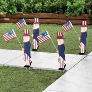 Set of 4 Uncle Sam Holding USA Flag 4th Of July Metal Garden Stakes - Picture 1 of 2