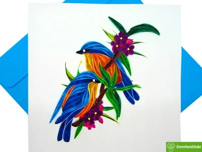 GREENHANDSHAKE Bluebirds Quilling Greeting Card - Unique Dedicated Handmade Art