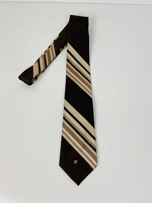 Vtg Pierre Cardin Logo Diagonal Striped Brown Taupe Gray Necktie 1960s / 1970s - Image 1 of 4