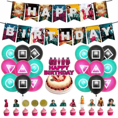 DDD-6 32PCS Squid Game Themed Birthday Party Decorations Set Balloons Banner Cake