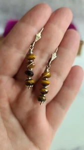 Vintage 925 Beaded Tiger's Eye Dangling Earrings - Picture 1 of 10