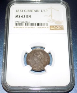 ENGLAND VICTORIA 1873 FARTHING UNCIRCULATED CERTIFIED NGC MS62 BN UK UNC COIN - Picture 1 of 4