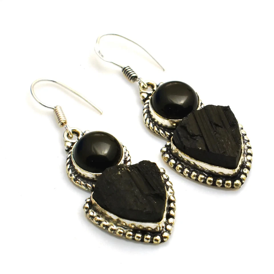 Pendientes colgantes de turmalina negra de ónix negro piedras preciosas joyería 2,2" AE-98624 Foto 1 de 1
