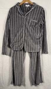 Nicole Miller Stretch Velour 2pc PJ Set Women's L Grey White Stripe Long Sleeves - Picture 1 of 9