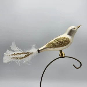 Inge Glas Bird Ornament Clip On Christmas White Mercury Glass Germany Feather - Picture 1 of 9