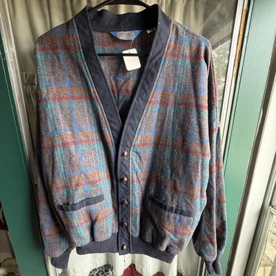 VTG Pendleton Plaid Wool Cardigan Sweater Size M Navy Ranch Country Men’s - Image 1 of 4