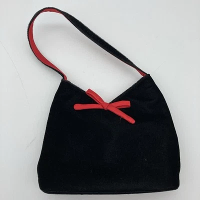 Vtg Black Velvet Evening Bag Purse Handbag Vintage Hand / Shoulder Strap Red Bow - Image 1 of 4