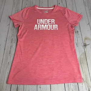 Under Armour HeatGear Short Sleeve Spellout Athletic T Shirt Womens Medium Pink - Picture 1 of 8