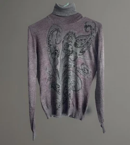 ETRO MILANO Women's Turtleneck Sweater Gray Purple PAISLEY Cashmere Silk Size 44 - Picture 1 of 8