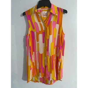 Julie Brown NYC silk blouse women’s size 0 colorful artsy button down top - Picture 1 of 5