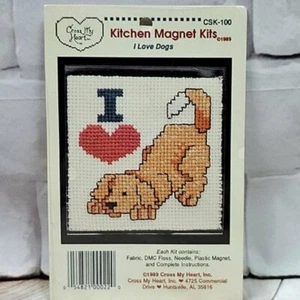 I LOVE DOGS Cross Stitch Kitchen Magnet Kit Refrigerator Stocking Stuffer Gift  - Picture 1 of 3