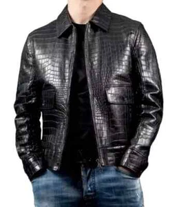 Men's Black Leather Jacket Real Crocodile Embossed Biker Alligator Print Jacket - Picture 1 of 13