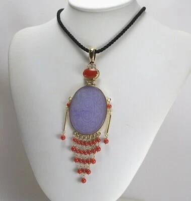 COLLANA CIONDOLO IN ARGENTO 925 DORATO CON GIADA VIOLA E CORALLO ROSSO AGDV 0182 - Immagine 1 di 3