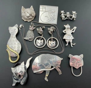 MEXICO STERLING SILVER 925 MISC VARIETY CAT BROOCH PIN PENDANT NECKLACE LOT - Picture 1 of 13