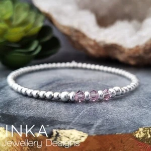Inka Sterling Silver 925 Stretch 3mm beaded bracelet June Amethyst Swarovski  - Picture 1 of 6