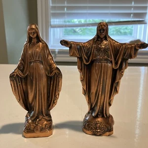 Vintage Sacred Heart Of Jesus And Virgin Mary  Metal Statues 5.75 Inches Tall - Picture 1 of 16