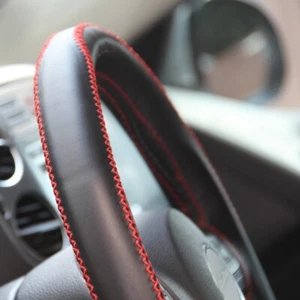 Black & Red Thread Soft Comfy Grip Stitch On Steering Wheel Skin Wrap Cover PVC - Picture 1 of 4