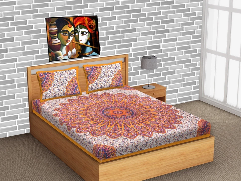 BedSheet Indian Rajasthani Queen Size Cover With Two Pillow Covers Bedding Set - Image 1 of 4