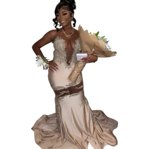 Custom Champagne & Gold Evening Prom Gown Dress, Formal Dress. - Picture 1 of 12