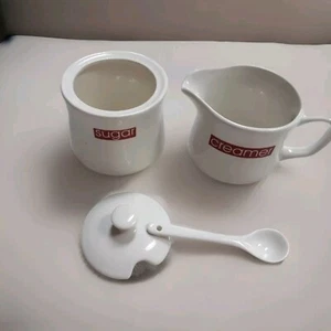   Sugar bowl with lid spoon creamer 3"tall cream and red print countryfarmhouse  - Picture 1 of 5