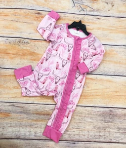 Newborn Baby Girls Cow Skull Pink Ruffle Zippy Long Sleeve Bamboo Rompers - Picture 1 of 16